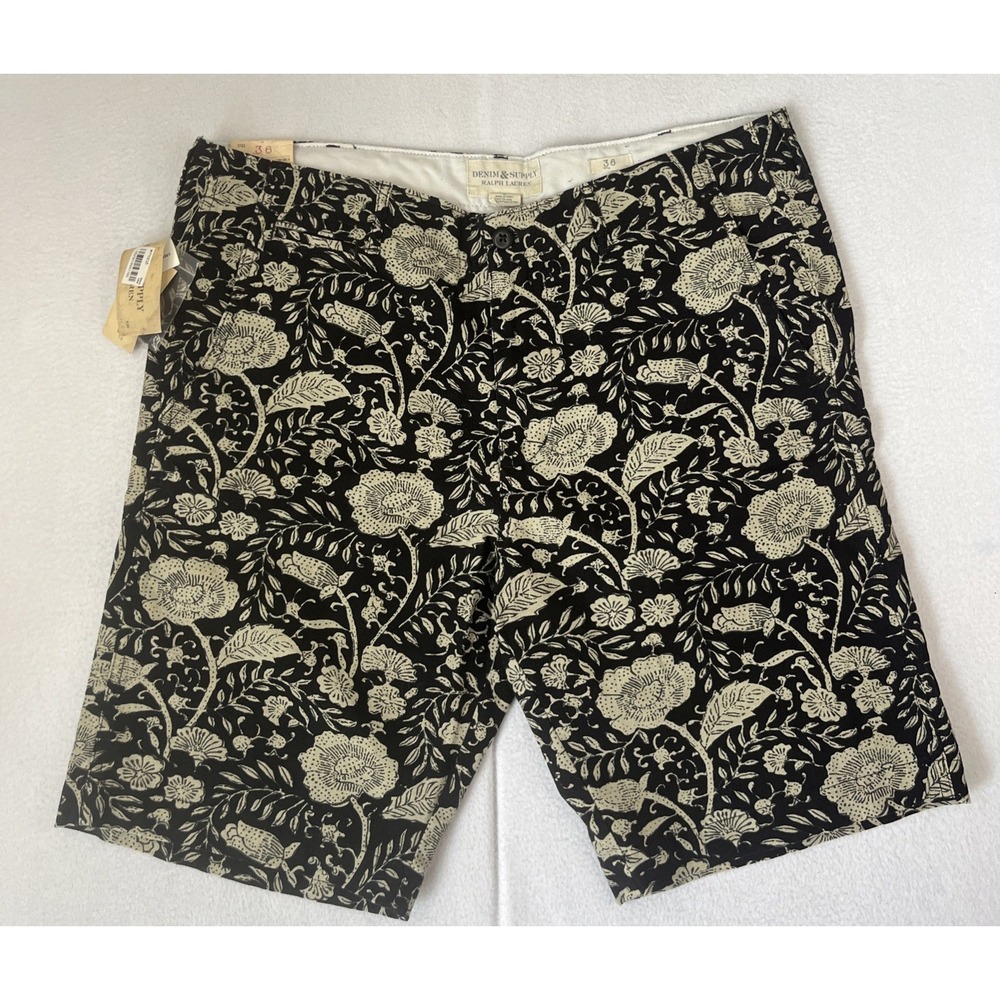 Ralph Lauren Denim & Supply Mens 36 Black Beige Floral Bermuda Chino Shorts